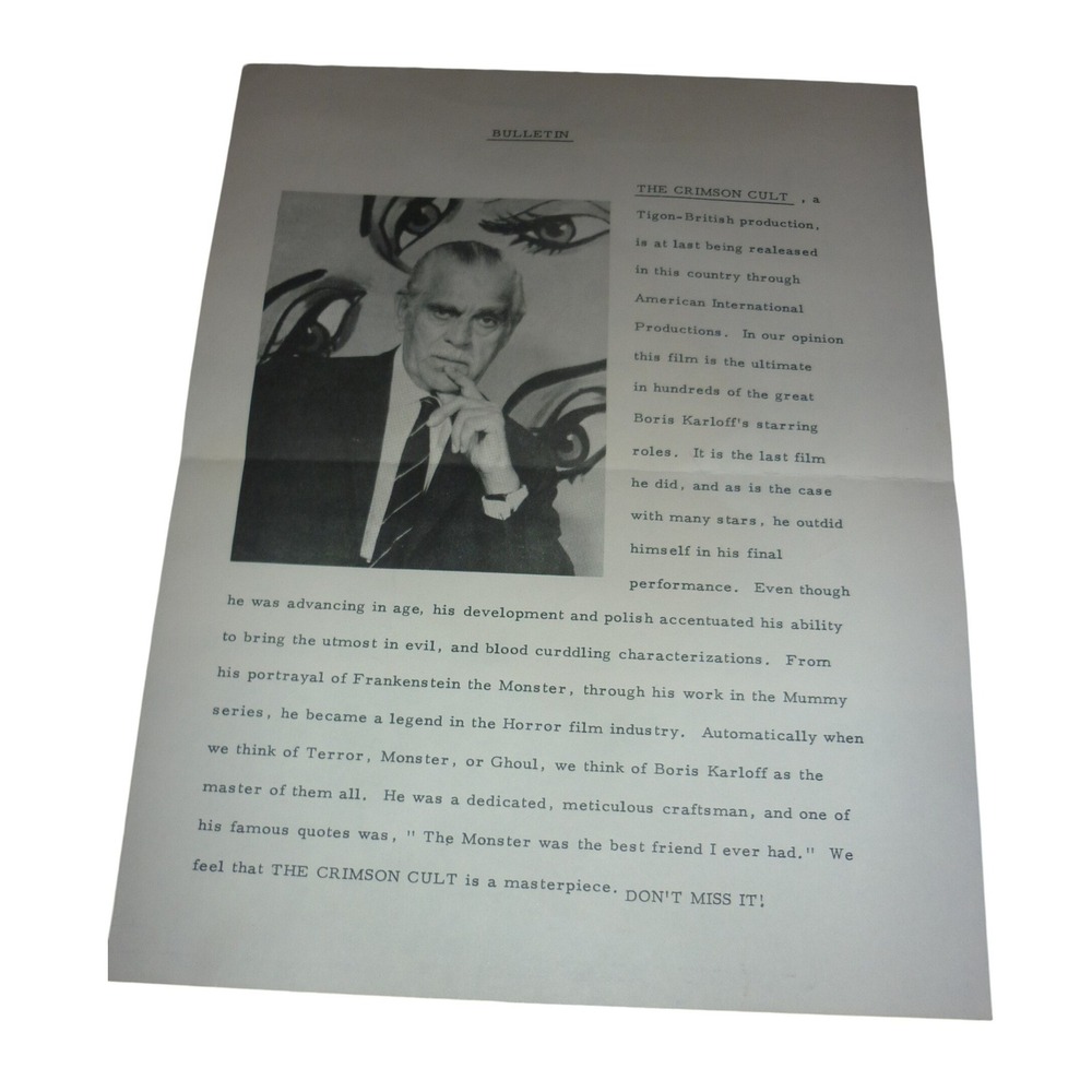 Boris Karloff The Crimson Cult Vintage Movie Promo Bulletin Press Sheet 1968 AIP